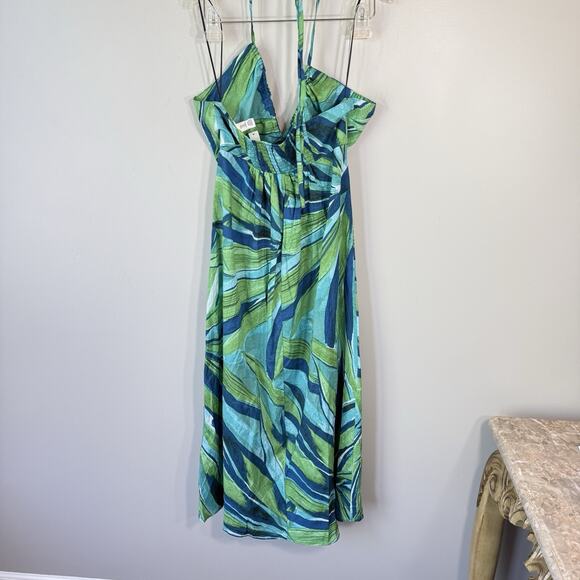 H&M Green Blue Printed Halter V-Neck Midi Dress Size M A-line Spring Summer New - Picture 7 of 9